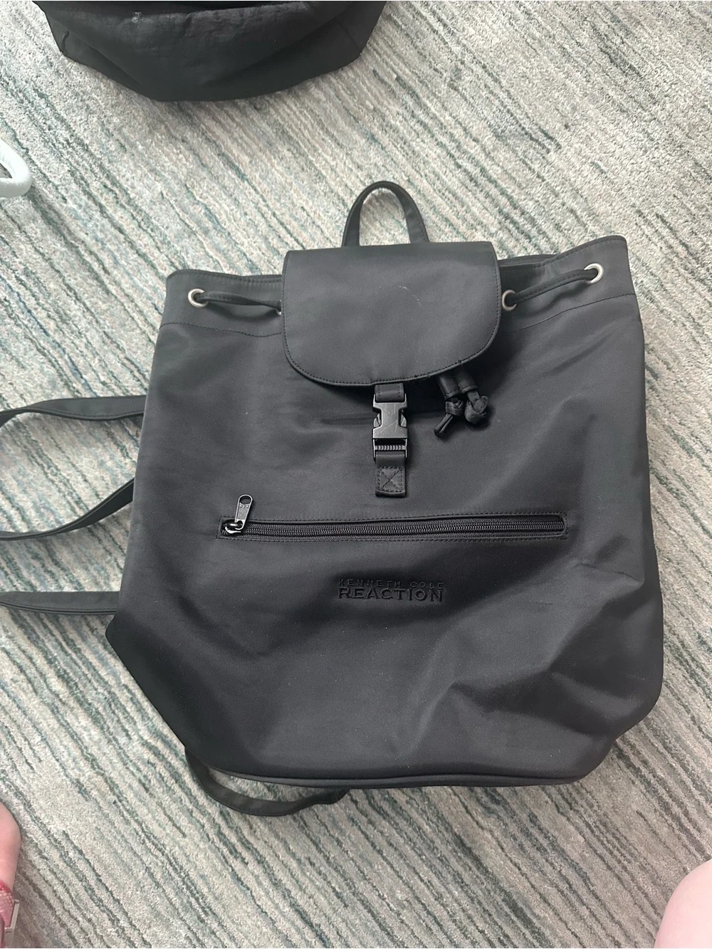 Kenneth Cole Reaction Black Nylon Drawstring Flap Backpack